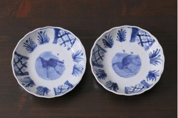 アンティーク雑貨　古民具・骨董　江戸後期　染付　4.6寸なます皿2枚セット(和食器、小皿)(R-040028)