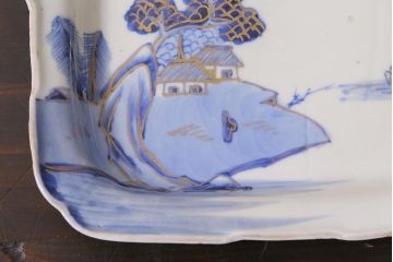 アンティーク雑貨　古民具・骨董　明治大正期　金彩染付変形皿3枚セット(和食器、角皿)(R-040029)