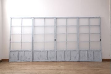 アンティーク建具　和製アンティーク　昭和初期　シャビーなペイントがお洒落!レトロなガラス戸4枚セット(引き戸、建具)(R-040031)