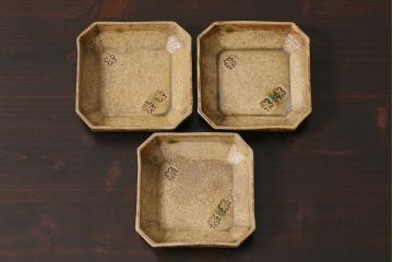アンティーク雑貨　江戸明治期　時代物　古い織部焼　在銘　角皿3枚セット(和食器)(R-040032)