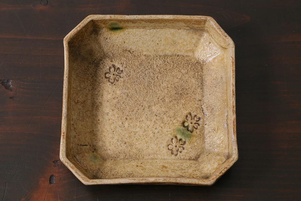 アンティーク雑貨　江戸明治期　時代物　古い織部焼　在銘　角皿3枚セット(和食器)(R-040032)