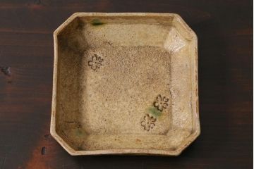 アンティーク雑貨　江戸明治期　時代物　古い織部焼　在銘　角皿3枚セット(和食器)(R-040032)