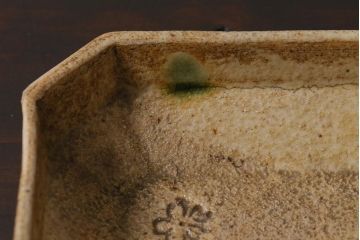 アンティーク雑貨　江戸明治期　時代物　古い織部焼　在銘　角皿3枚セット(和食器)(R-040032)