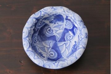 アンティーク雑貨　明治期　ねじり文　染付深鉢(深皿、和食器)(R-040036)