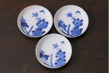 アンティーク雑貨　明治　伊万里　花蝶図　染付3.6寸小皿3枚セット(和食器)(R-040041)