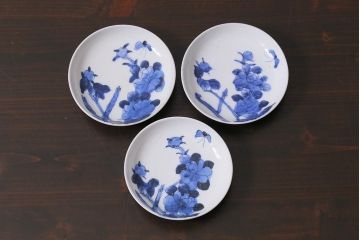 アンティーク雑貨　明治　伊万里　花蝶図　染付3.6寸小皿3枚セット(和食器)(R-040043)
