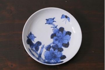 アンティーク雑貨　明治　伊万里　花蝶図　染付3.6寸小皿3枚セット(和食器)(R-040043)