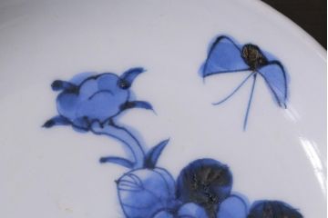 アンティーク雑貨　明治　伊万里　花蝶図　染付3.6寸小皿3枚セット(和食器)(R-040043)