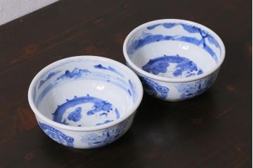 アンティーク雑貨　江戸期　古伊万里　染付　雲龍文　深鉢2個セット(深皿)(R-040060)