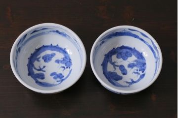 アンティーク雑貨　江戸期　古伊万里　染付　雲龍文　深鉢2個セット(深皿)(R-040060)