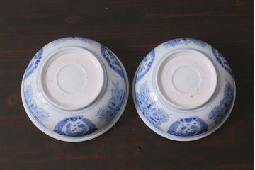 アンティーク雑貨　江戸期　古伊万里　染付　雲龍文　深鉢2個セット(深皿)(R-040060)