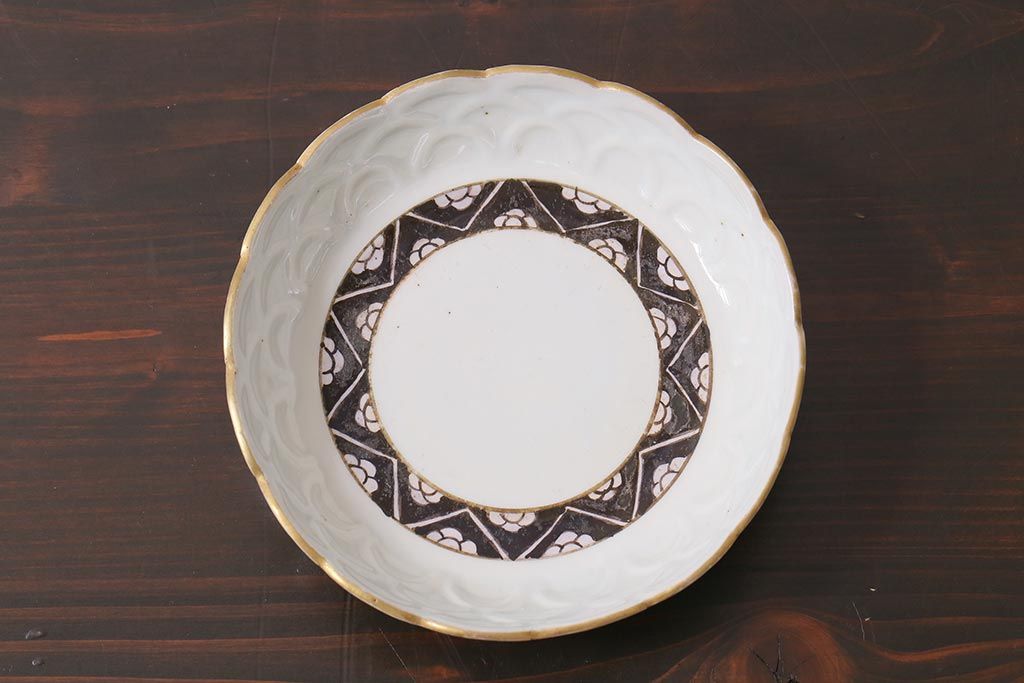 アンティーク雑貨 江戸明治期 白磁陽刻なます皿3枚セット(中皿、和食器)(R-040064)