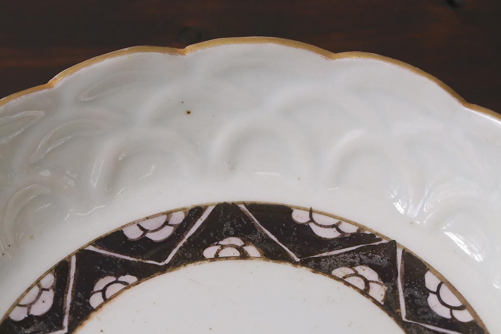 アンティーク雑貨 江戸明治期 白磁陽刻なます皿3枚セット(中皿、和食器)(R-040064)