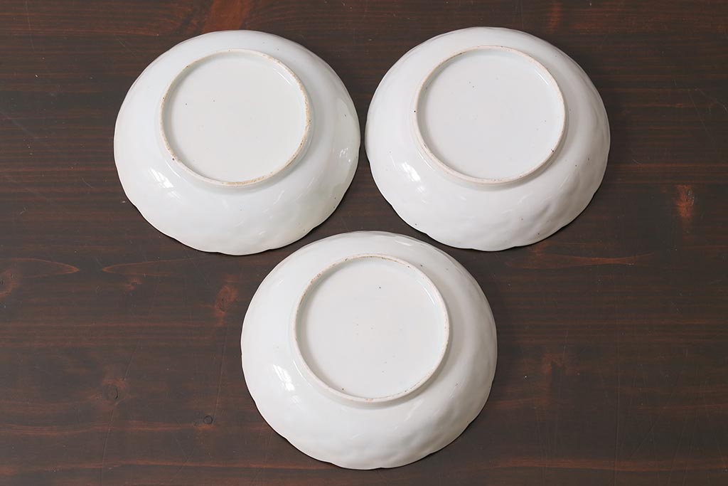 アンティーク雑貨 江戸明治期 白磁陽刻なます皿3枚セット(中皿、和食器)(R-040064)