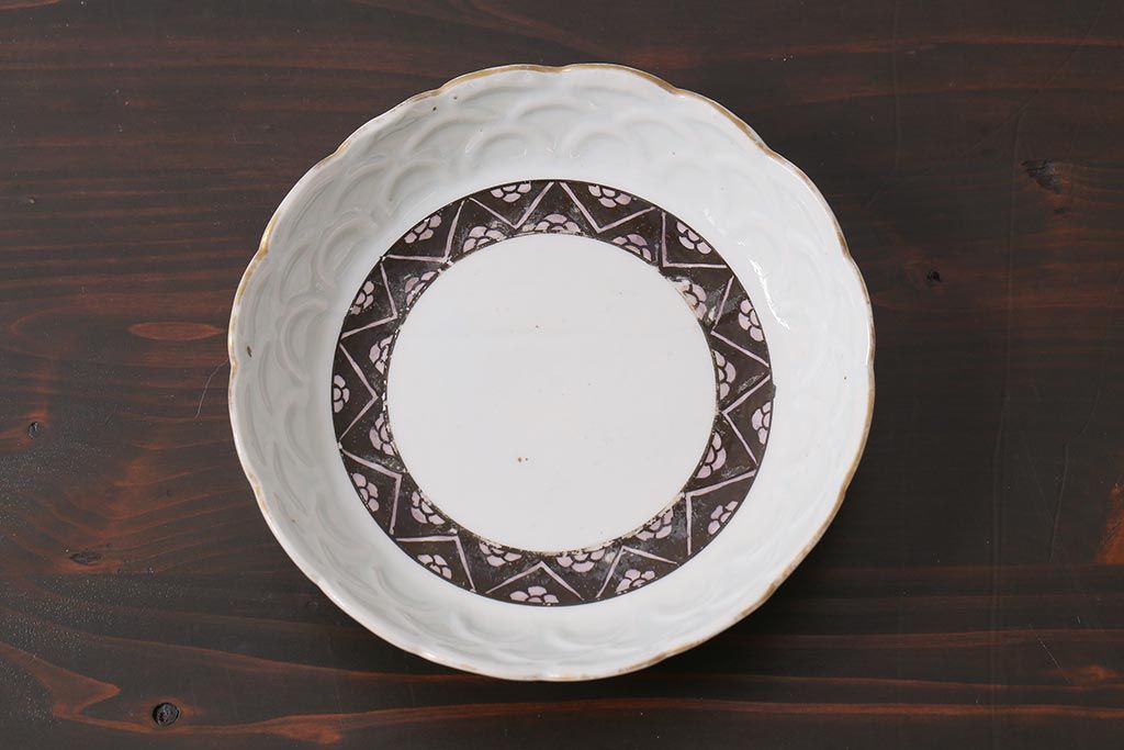 アンティーク雑貨　江戸明治期　白磁陽刻なます皿3枚セット(中皿、和食器)(R-040065)