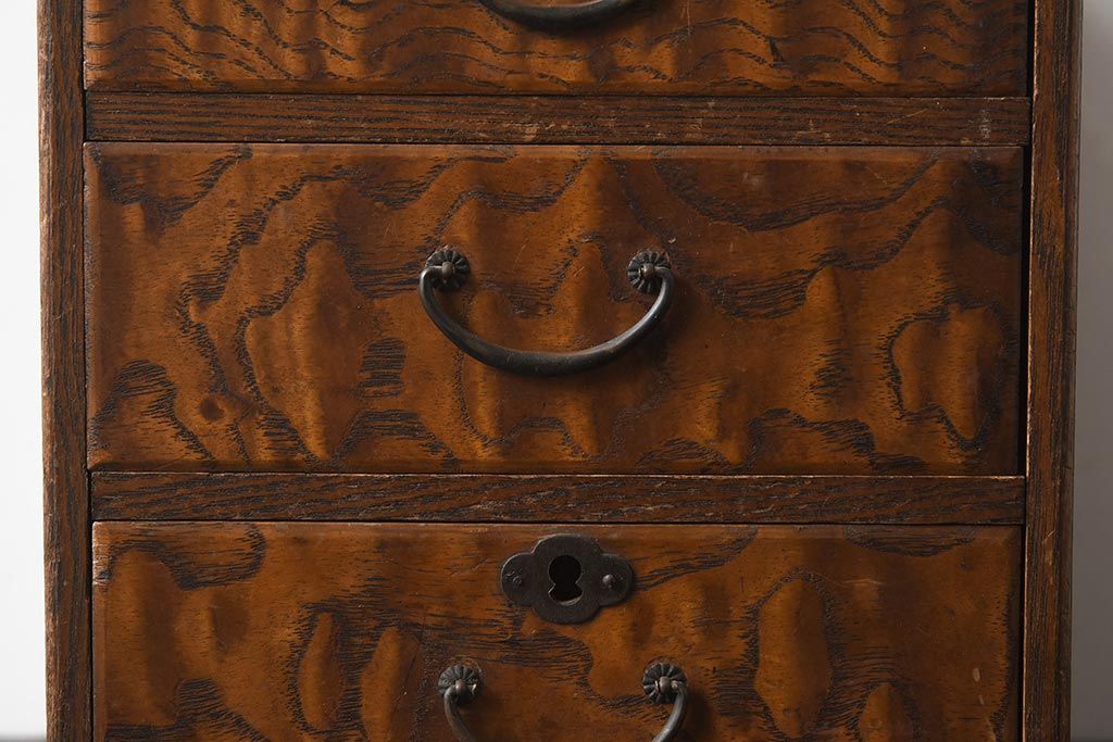 アンティーク家具　和製アンティーク　昭和初期　前面タモ材　玉杢　木目が目を引く小引き出し(卓上収納、小物収納)(R-040090)