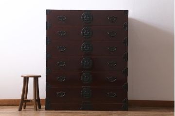 中古　民芸家具　和製アンティーク　ケヤキ材　美しい杢目が目を引く衣装箪笥(整理箪笥、引き出し、チェスト)(R-040096)