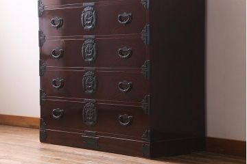 中古　民芸家具　和製アンティーク　ケヤキ材　美しい杢目が目を引く衣装箪笥(整理箪笥、引き出し、チェスト)(R-040096)