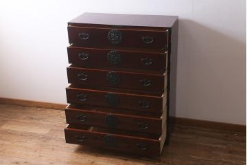 中古　民芸家具　和製アンティーク　ケヤキ材　美しい杢目が目を引く衣装箪笥(整理箪笥、引き出し、チェスト)(R-040096)