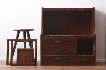 アンティーク家具　三方ケヤキ材　戸棚と引き出しが備わったレトロなキャビネット(収納棚)(R-040101)