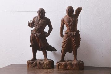 木彫り　二代光峰　石原照治作　仁王像(阿吽像)(R-040110)