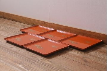アンティーク雑貨　古民具・骨董　明治〜大正期　輪島塗木製蒔絵膳5枚セット(漆器、お盆)(R-040118)