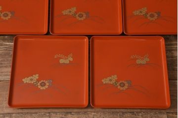 アンティーク雑貨　古民具・骨董　明治〜大正期　輪島塗木製蒔絵膳5枚セット(漆器、お盆)(R-040118)