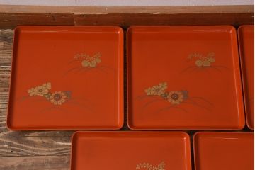 アンティーク雑貨　古民具・骨董　明治〜大正期　輪島塗木製蒔絵膳5枚セット(漆器、お盆)(R-040119)