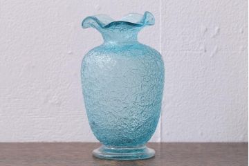 アンティーク雑貨　和製アンティーク　大正期　青ガラス氷裂文花瓶(和ガラス)(R-040120)