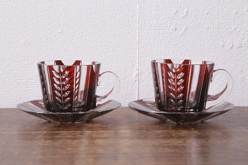 アンティーク雑貨　国産　切子ガラス　カップ&ソーサー　2客セット(R-040127)