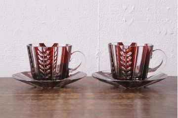 アンティーク雑貨　国産　切子ガラス　カップ&ソーサー　2客セット(R-040127)