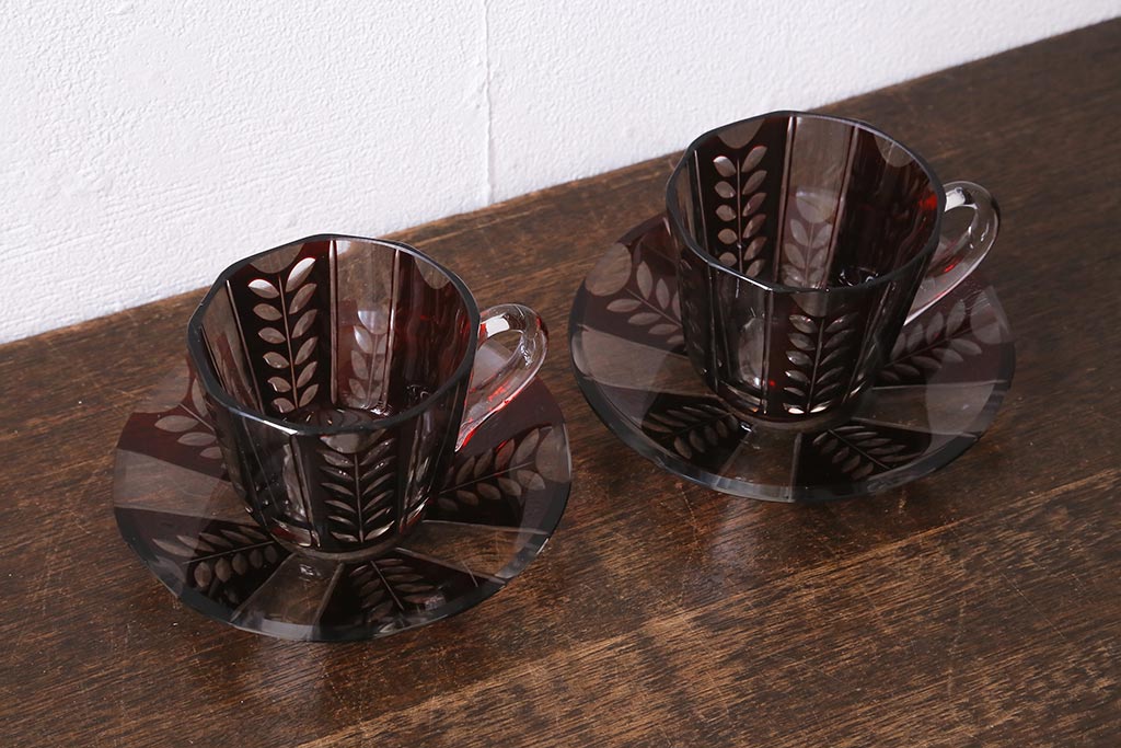 アンティーク雑貨　国産　切子ガラス　カップ&ソーサー　2客セット(R-040127)