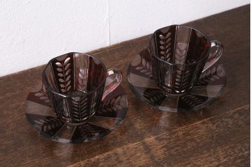 アンティーク雑貨　国産　切子ガラス　カップ&ソーサー　2客セット(R-040127)