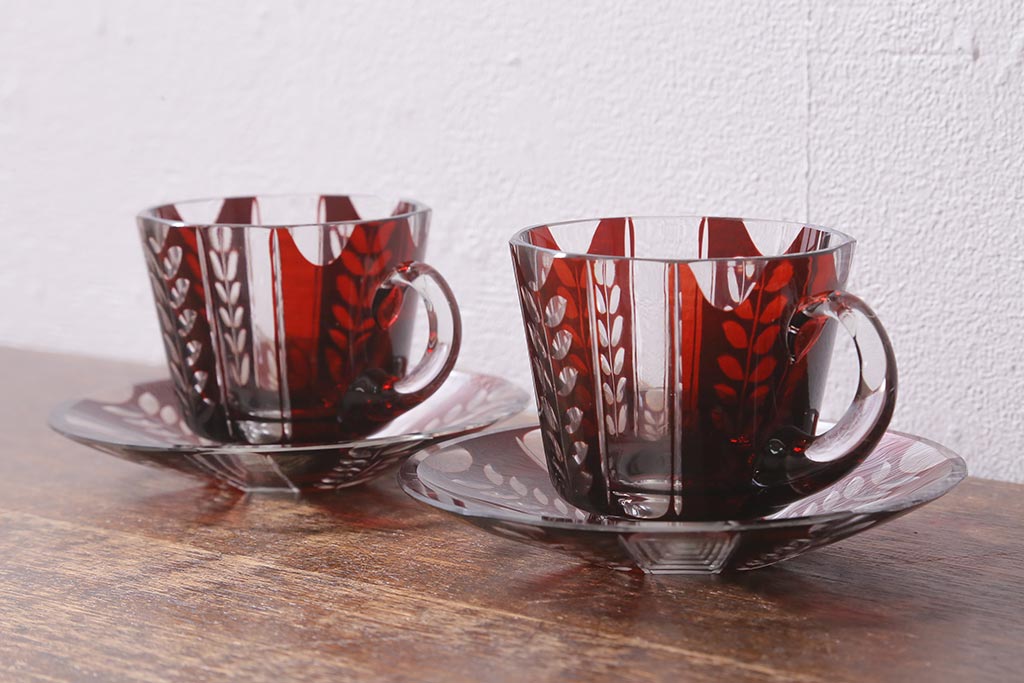 アンティーク雑貨　国産　切子ガラス　カップ&ソーサー　2客セット(R-040127)