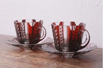 アンティーク雑貨　国産　切子ガラス　カップ&ソーサー　2客セット(R-040127)
