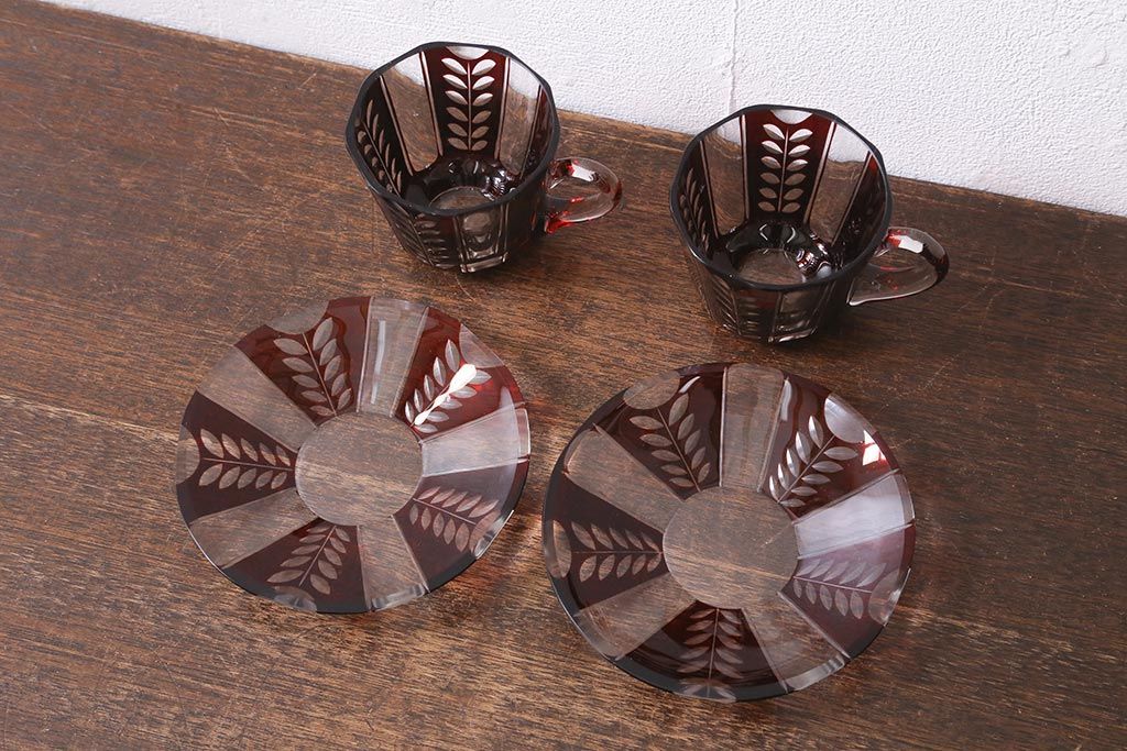 アンティーク雑貨　国産　切子ガラス　カップ&ソーサー　2客セット(R-040127)