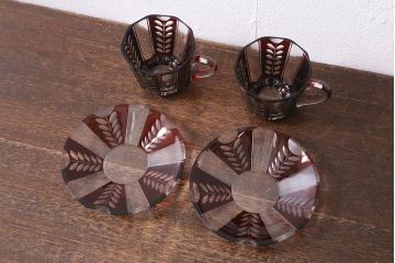 アンティーク雑貨　国産　切子ガラス　カップ&ソーサー　2客セット(R-040127)