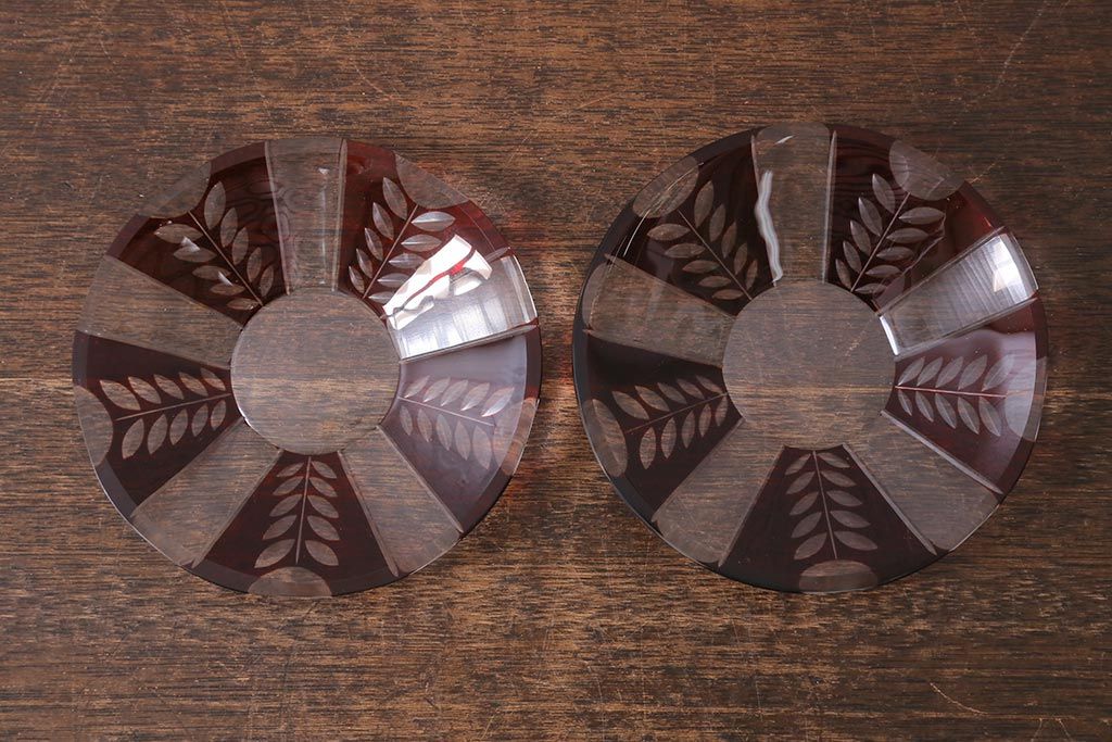 アンティーク雑貨　国産　切子ガラス　カップ&ソーサー　2客セット(R-040127)