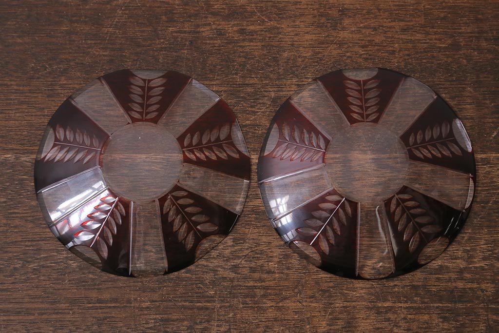 アンティーク雑貨　国産　切子ガラス　カップ&ソーサー　2客セット(R-040127)