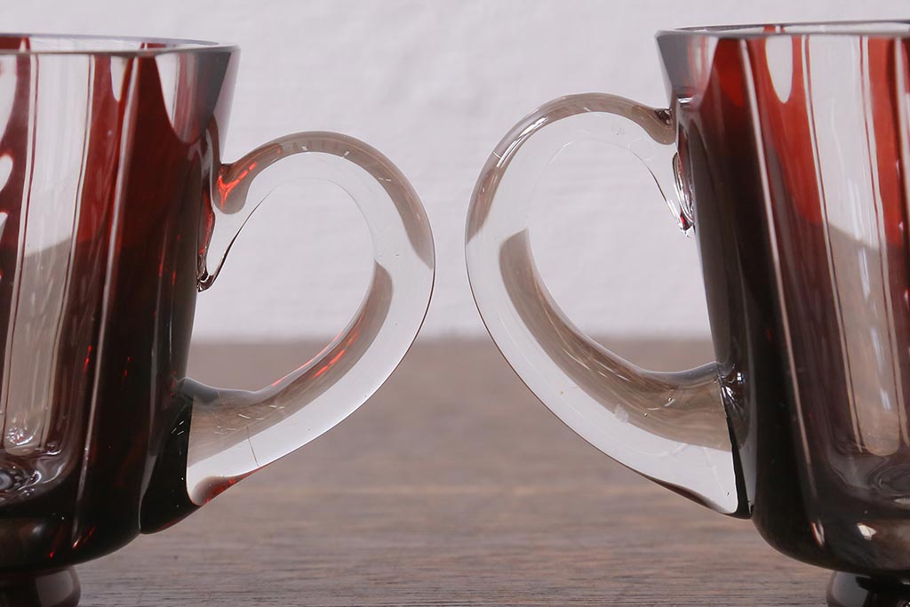 アンティーク雑貨　国産　切子ガラス　カップ&ソーサー　2客セット(R-040127)