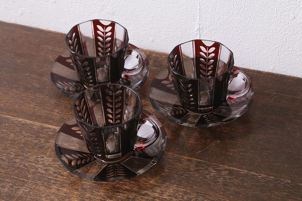 アンティーク雑貨　国産　切子ガラス　カップ&ソーサー　3客セット(R-040128)