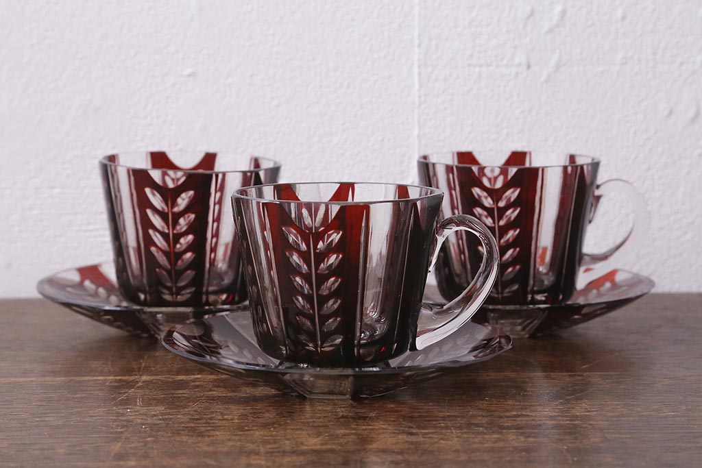 アンティーク雑貨　国産　切子ガラス　カップ&ソーサー　3客セット(R-040128)