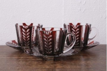 アンティーク雑貨　国産　切子ガラス　カップ&ソーサー　3客セット(R-040128)