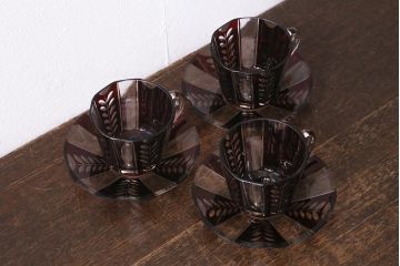 アンティーク雑貨　国産　切子ガラス　カップ&ソーサー　3客セット(R-040128)