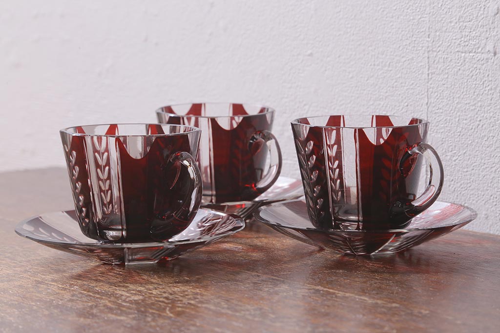 アンティーク雑貨　国産　切子ガラス　カップ&ソーサー　3客セット(R-040128)