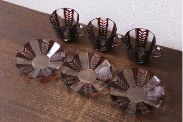 アンティーク雑貨　国産　切子ガラス　カップ&ソーサー　3客セット(R-040128)