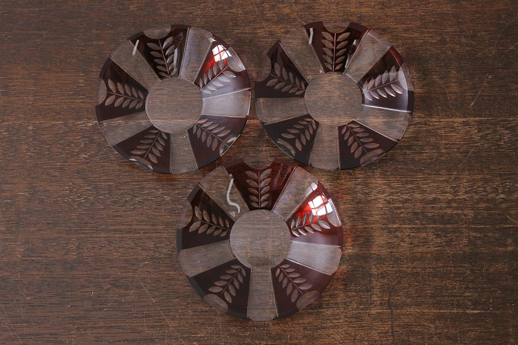 アンティーク雑貨　国産　切子ガラス　カップ&ソーサー　3客セット(R-040128)