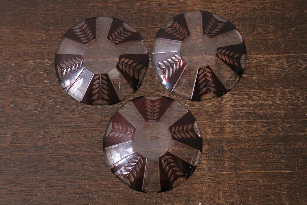 アンティーク雑貨　国産　切子ガラス　カップ&ソーサー　3客セット(R-040128)