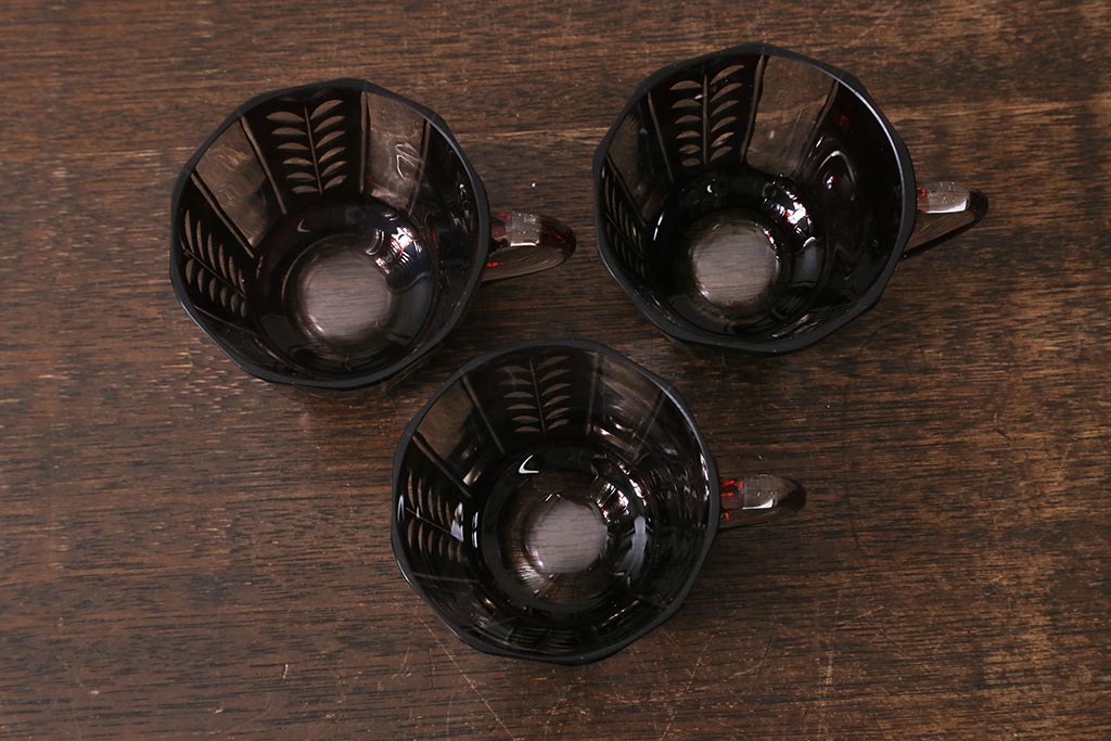 アンティーク雑貨　国産　切子ガラス　カップ&ソーサー　3客セット(R-040128)