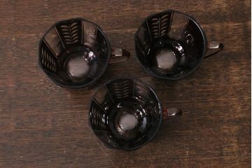 アンティーク雑貨　国産　切子ガラス　カップ&ソーサー　3客セット(R-040128)